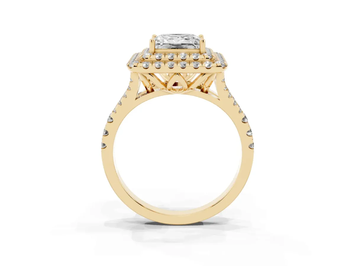 Double Halo Princess Cut Diamond Pavé Split Shank Ring with Prong Setting Yellow gold