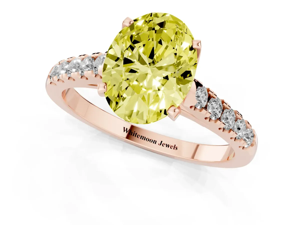 Fancy Yellow Oval Cut Diamond Pavé Band Solitaire Ring with Prong Setting Rose gold