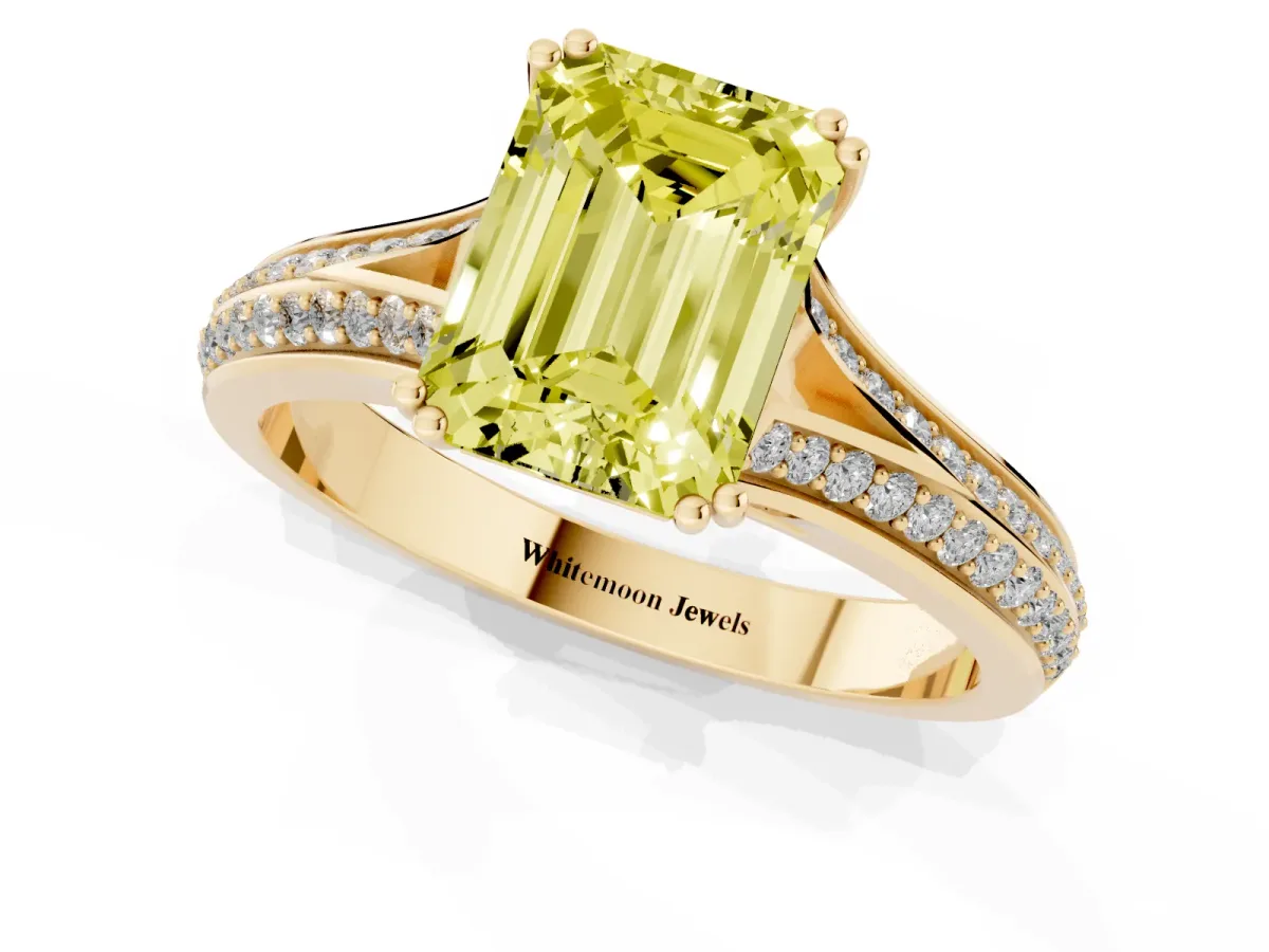 Fancy Yellow Emerald Cut Diamond Split Shank Engagement Ring with Pavé Band Yellow gold