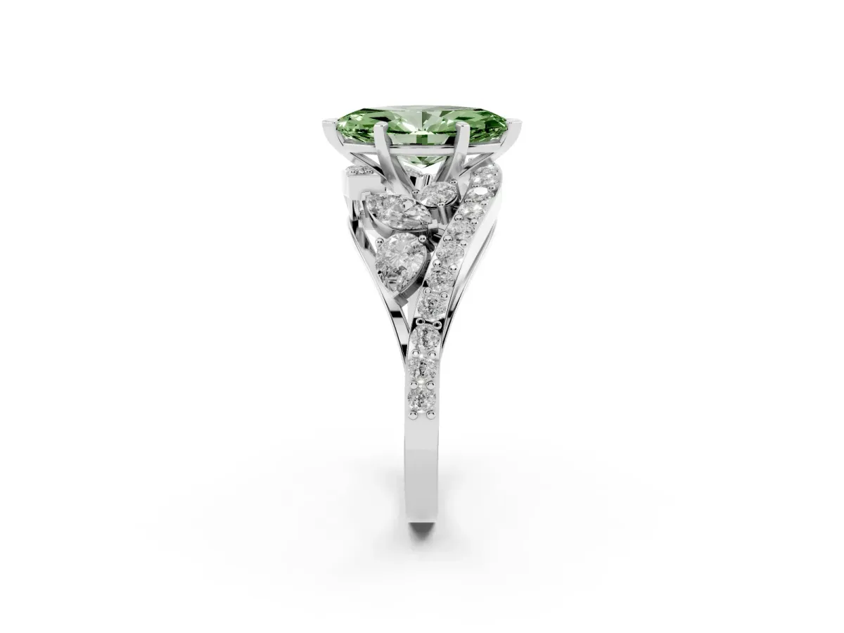 Fancy Green Marquise Cut Diamond Halo Ring with Marquise and Pavé Band in Prong Setting Platinum