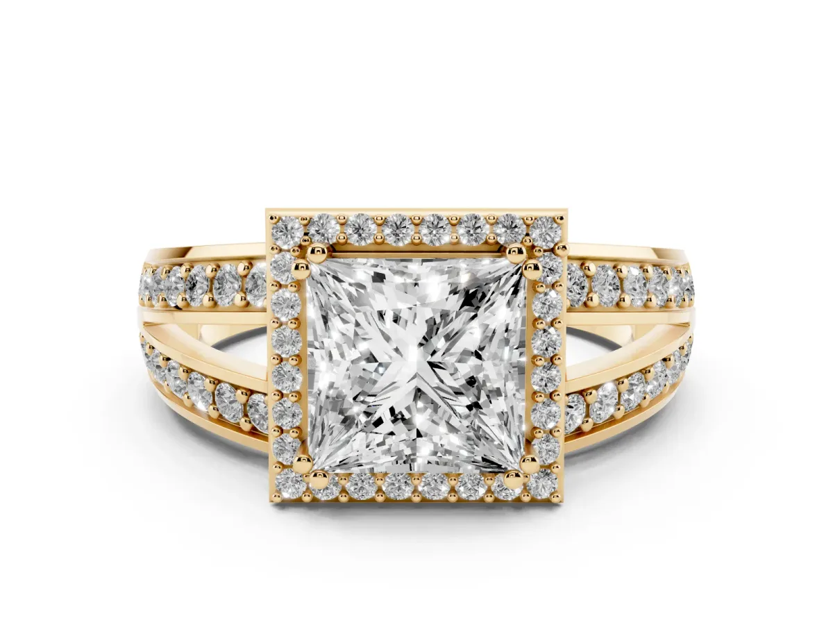 Princess Cut Diamond Halo Ring with Split Shank Pavé Band and Four-Prong Setting Yellow gold