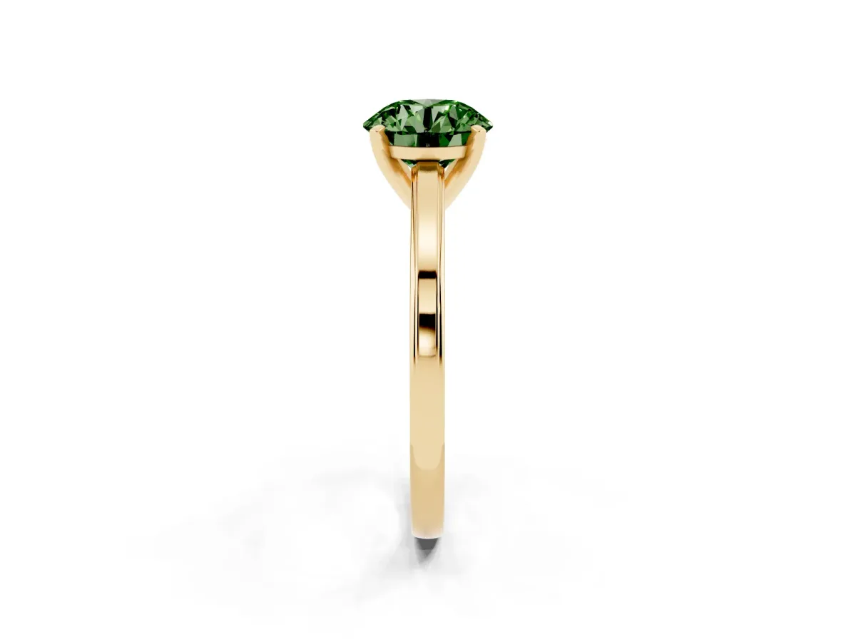 Fancy Green Round Cut Solitaire Diamond Ring with Four-Prong Setting and Classic Band Yellow gold