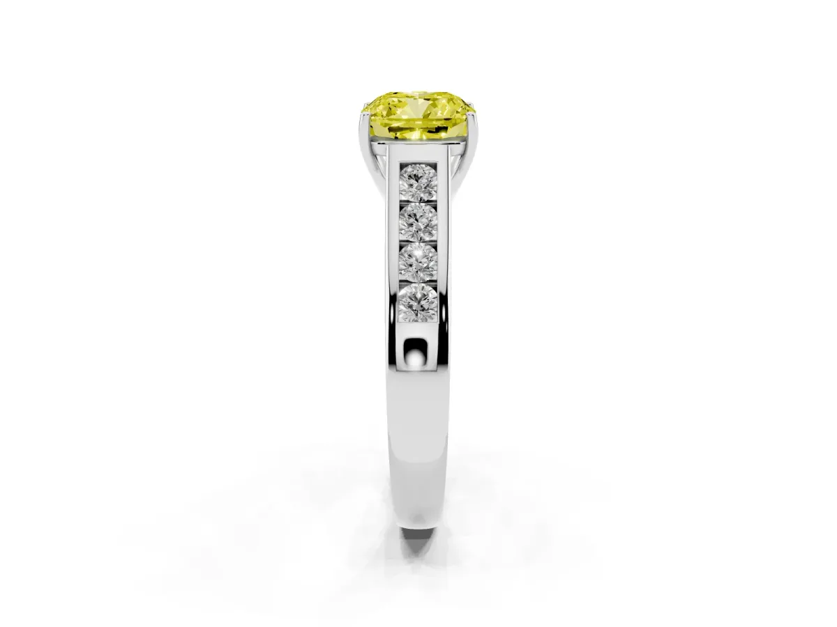 Fancy Yellow Cushion Cut Solitaire Channel-Set Diamond Engagement Ring with Four-Prong Setting Silver