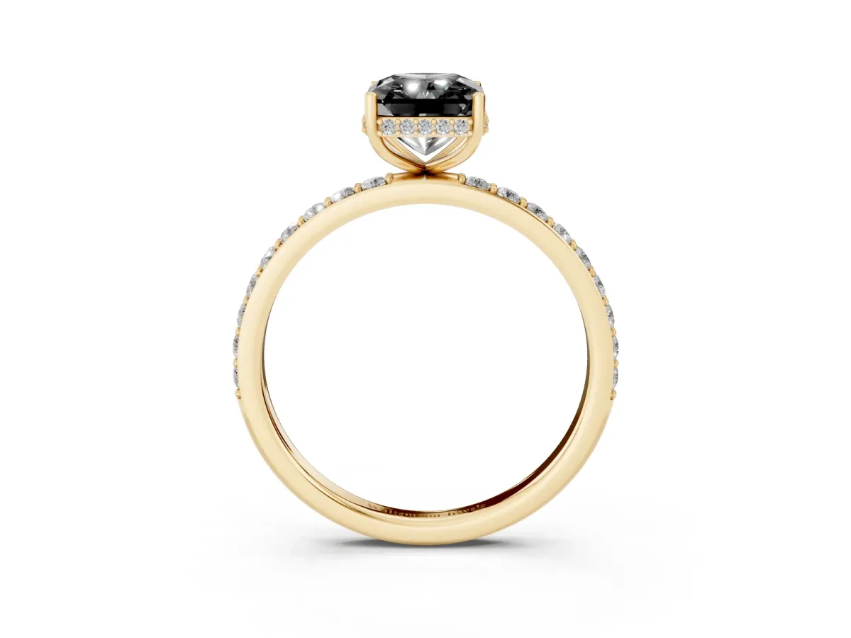 Fancy Black Radiant Cut Diamond Solitaire Ring with Pavé Band and Hidden Halo Yellow gold