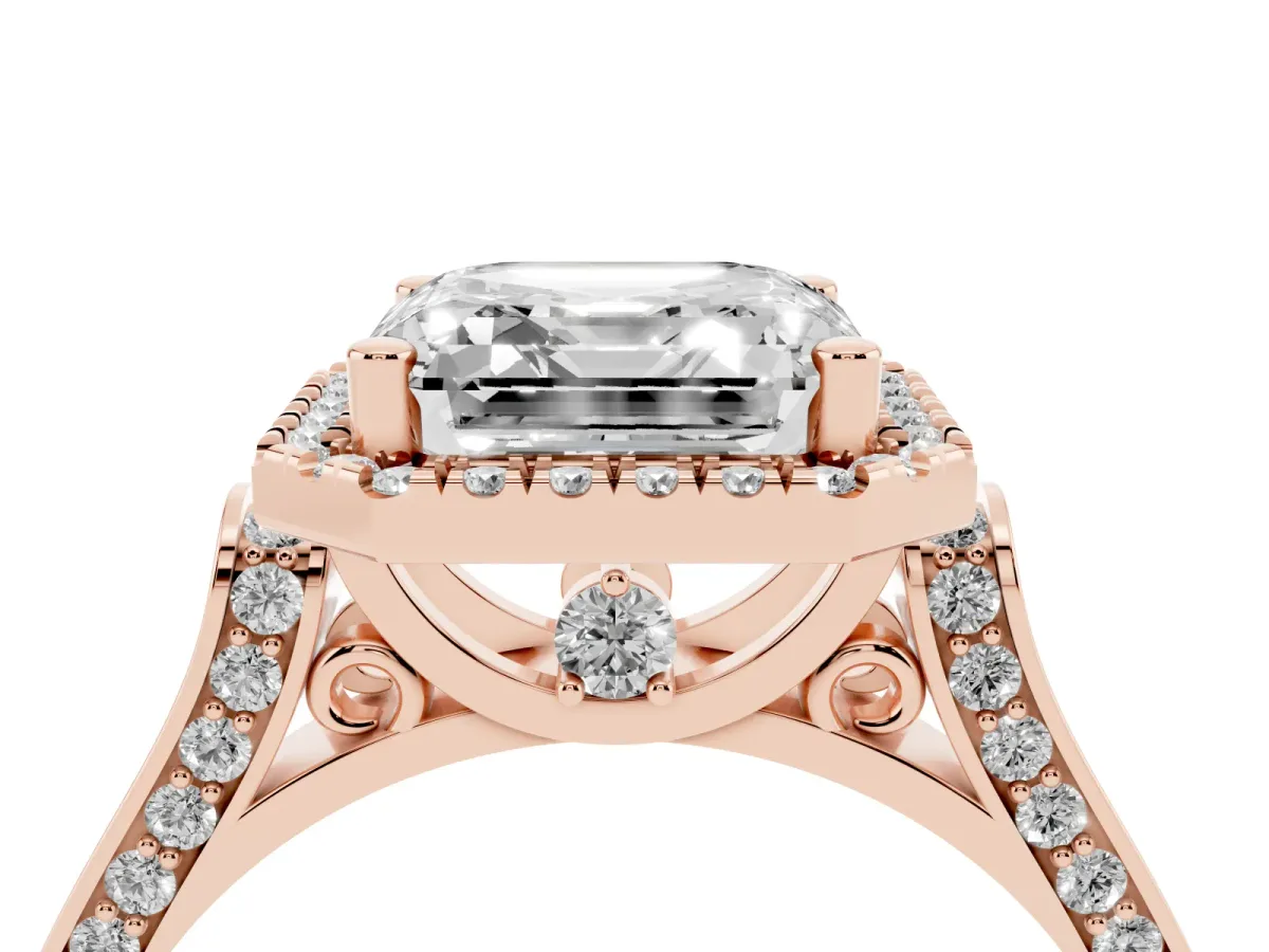 Asscher Cut Halo Pave Split Shank Prong Setting Ring Rose gold