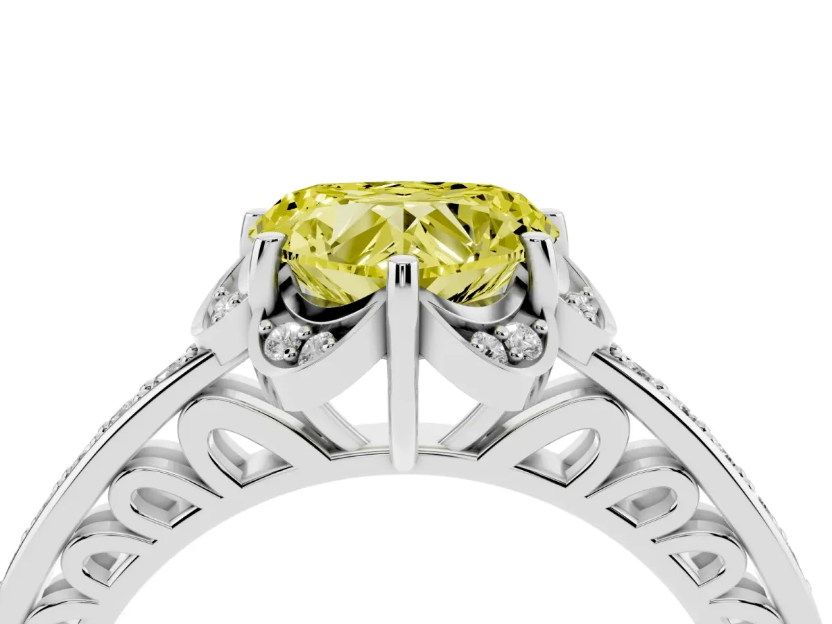 Fancy Yellow Heart Cut Cut Halo Diamond Ring with Channel Set Band and Four-Prong Setting White gold