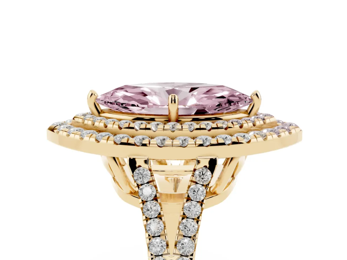 Fancy Pink Marquise Cut Diamond Double Halo Ring with Pavé Band and Prong Setting Yellow gold