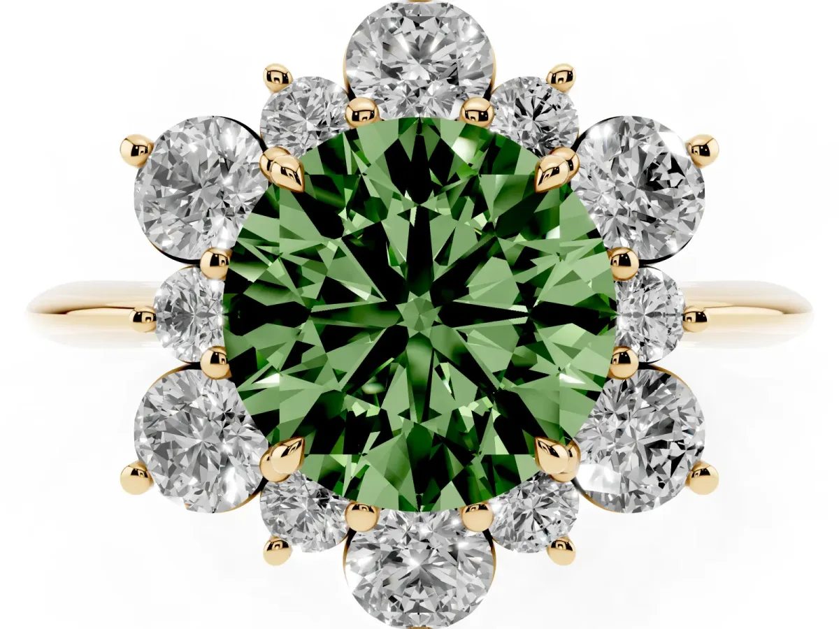 Fancy Green Round Cut Diamond Cluster Halo Ring with Solitaire Band and Four-Prong Setting Yellow gold