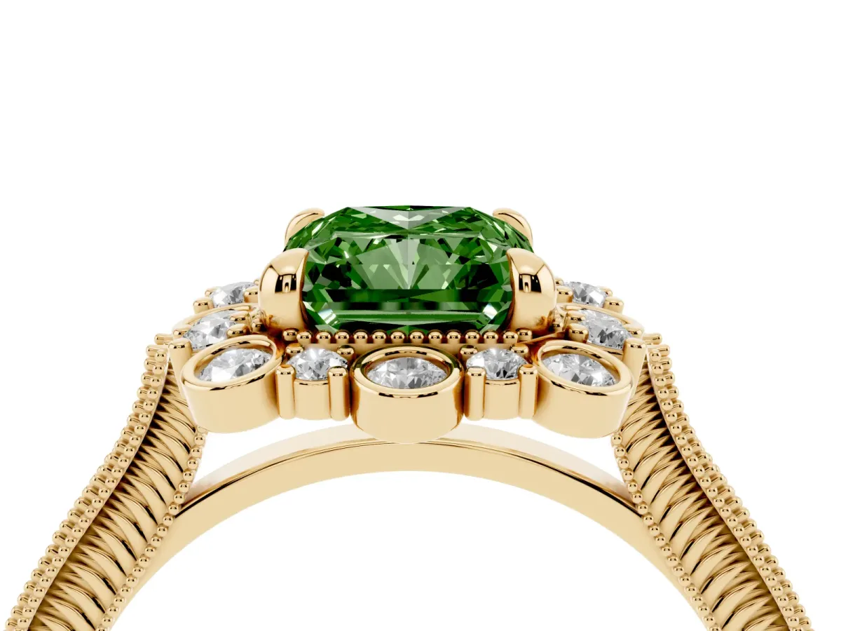 Fancy Green Radiant Cut Halo Milgrain Pave Diamond Ring with Four-Prong Setting Yellow gold