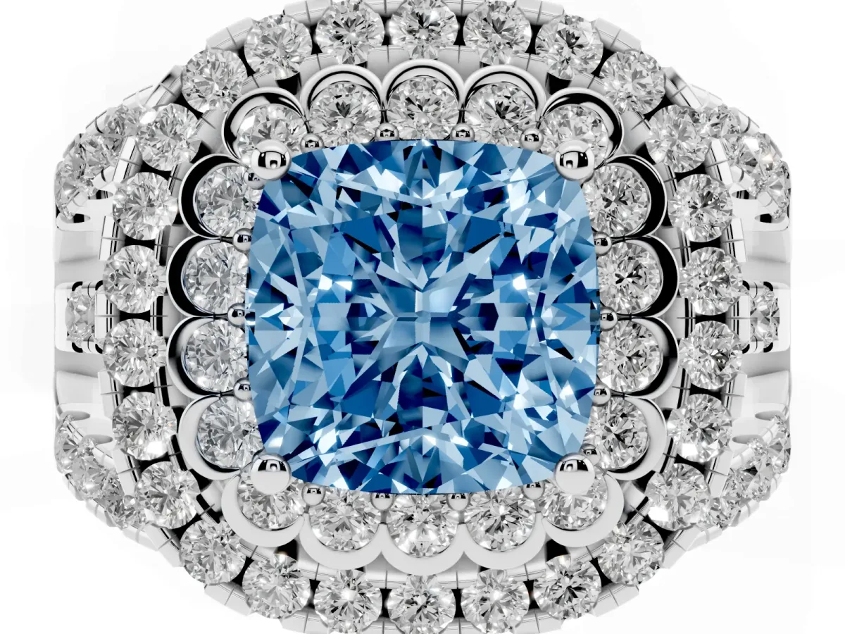 Fancy Blue Cushion Cut Diamond Double Halo Ring with Round Pavé Split Shank and Prong Setting Silver