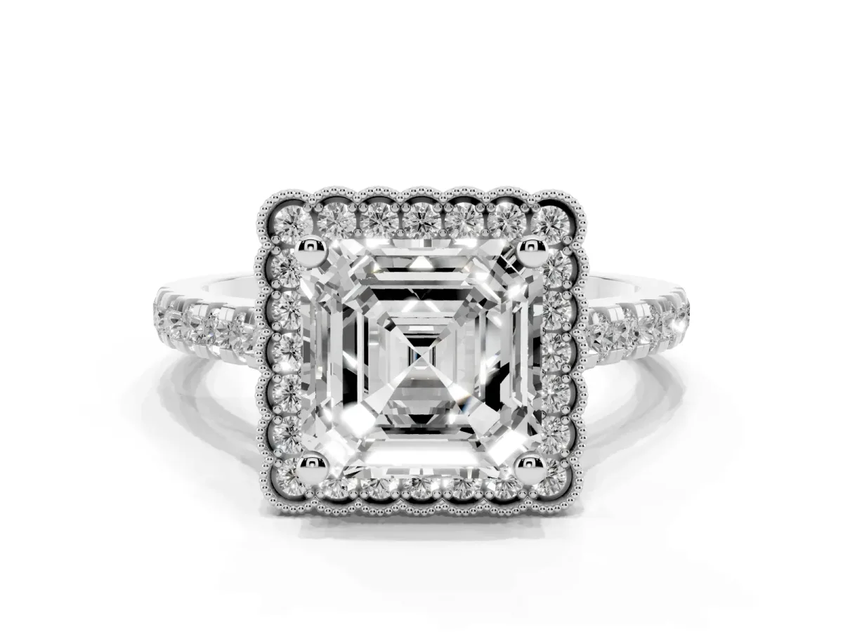 Asscher Cut Cut Diamond Milgrain Floral Halo Engagement Ring with Pavé Band Silver