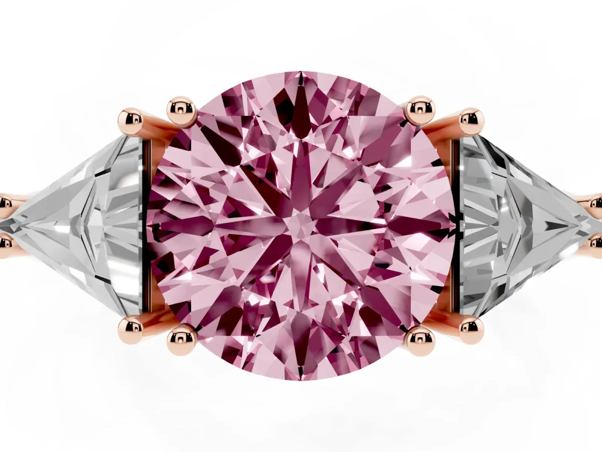 Fancy Pink Three-Stone Round Cut Diamond Engagement Ring with Trillion Side Stones and Prong Setting Rose gold