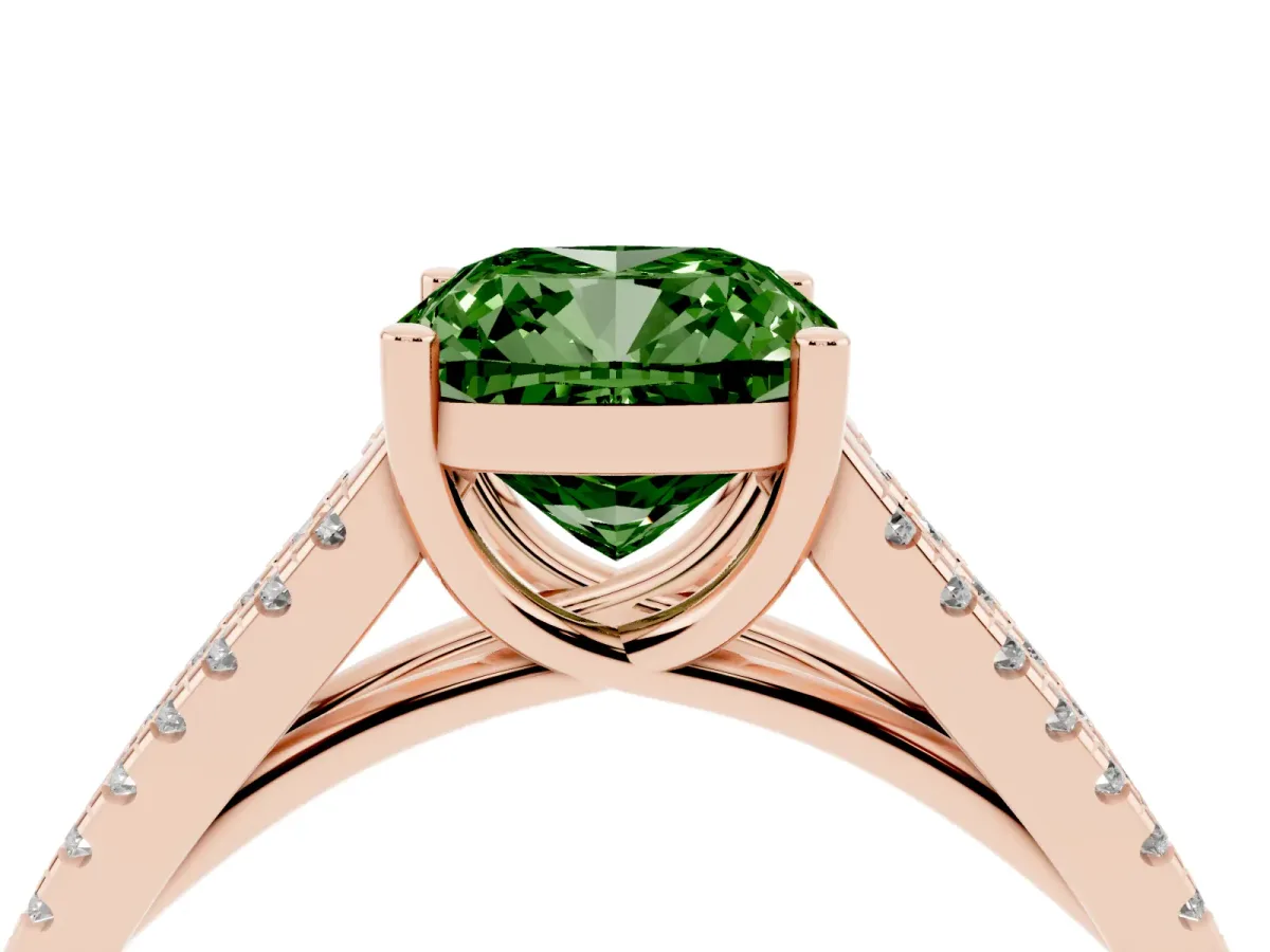 Fancy Green Cushion Cut Diamond Solitaire Engagement Ring with Split Shank Pavé Band Rose gold