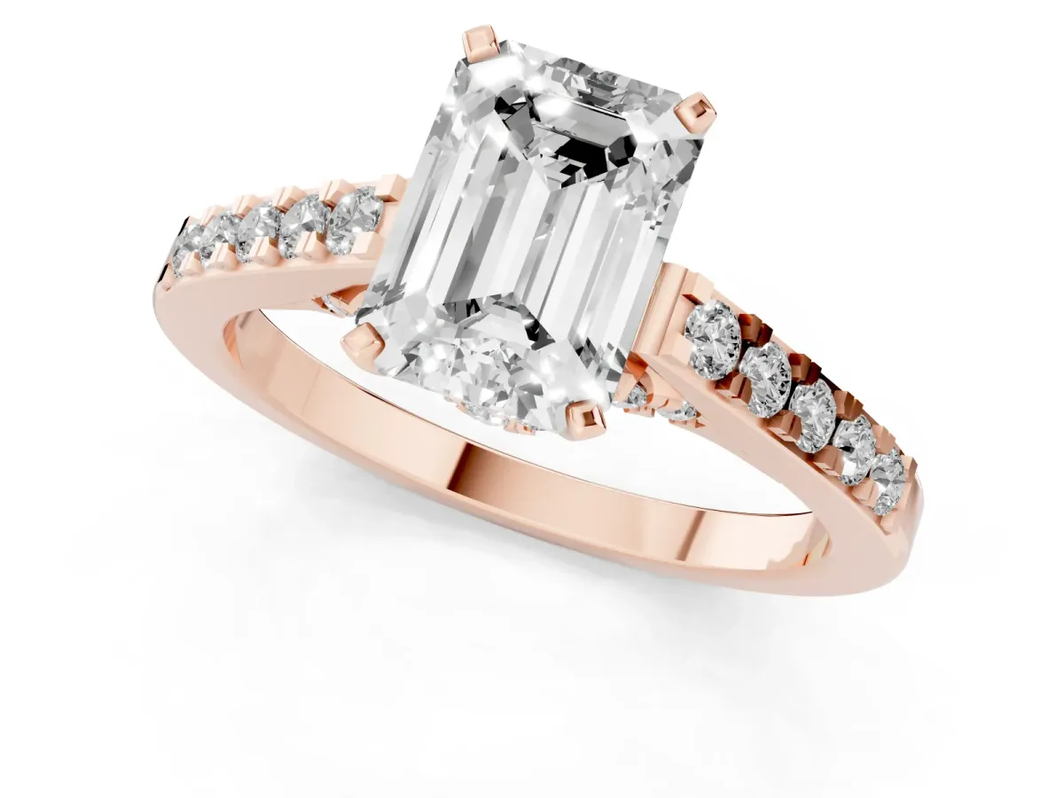 Emerald Cut Diamond Solitaire Ring with Crossover Gallery and Round Pavé Band Rose gold