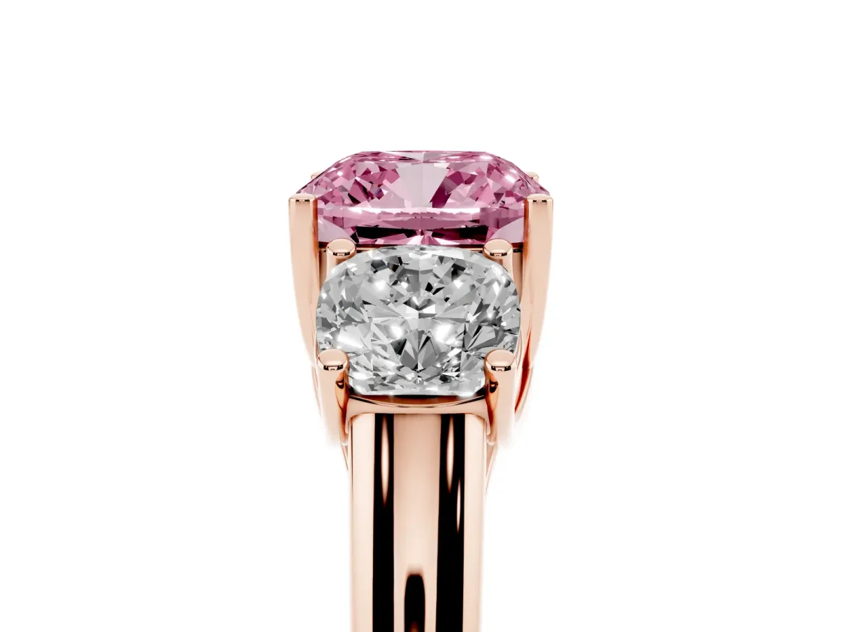Fancy Pink Three-Stone Cushion Cut Diamond Engagement Ring with Prong Setting Rose gold