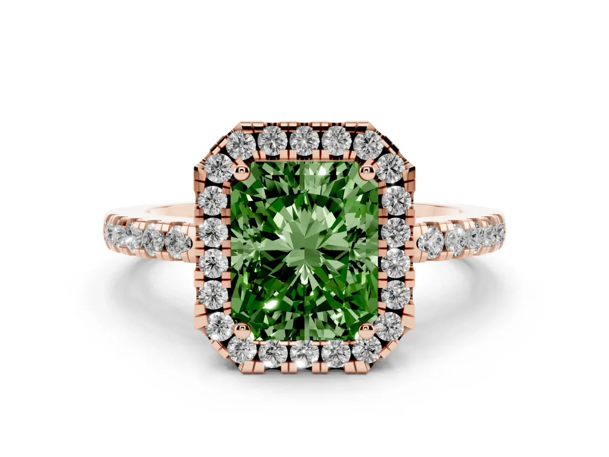 Fancy Green Radiant Cut Halo Diamond Engagement Ring with Pavé Band and Four-Prong Setting Rose gold