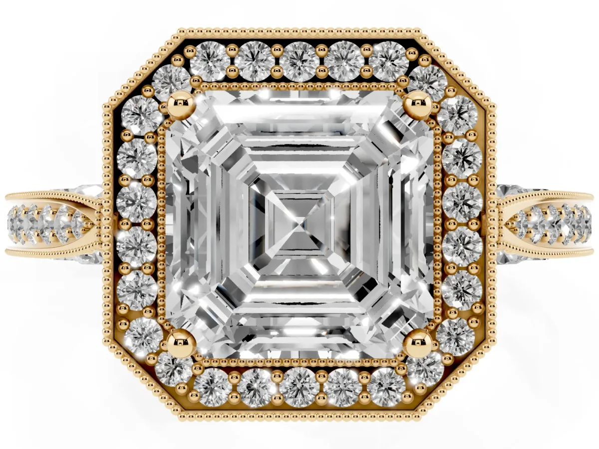 Asscher Cut Halo Diamond Engagement Ring with Split Shank Band and Four-Prong Setting Yellow gold