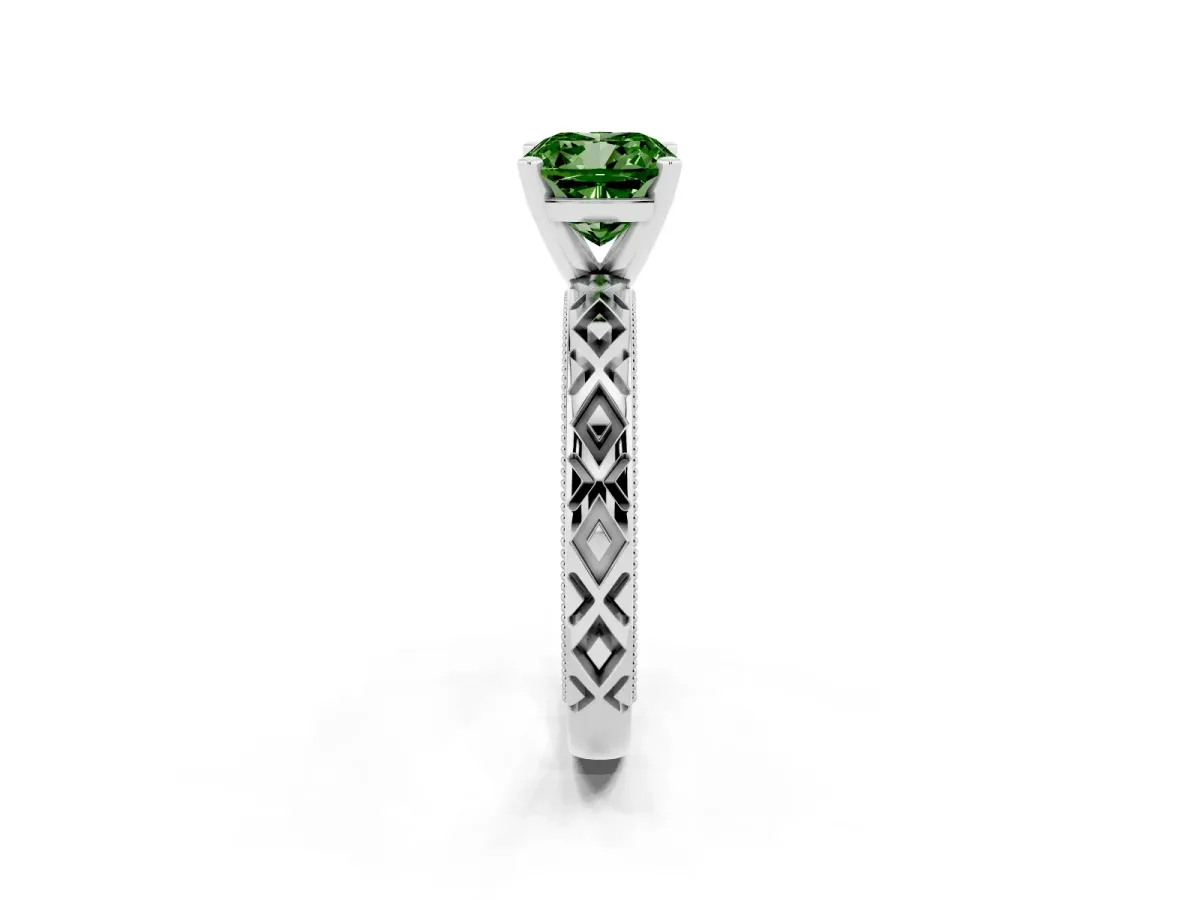 Fancy Green Cushion Cut Solitaire Diamond Ring with Milgrain and Black Enamel X Pattern Band Silver