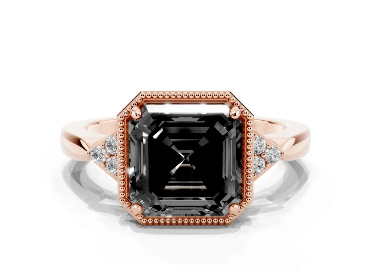 Fancy Black Hexagonal Halo Asscher Cut Diamond Solitaire with Pavé Band and Four-Prong Setting Rose gold