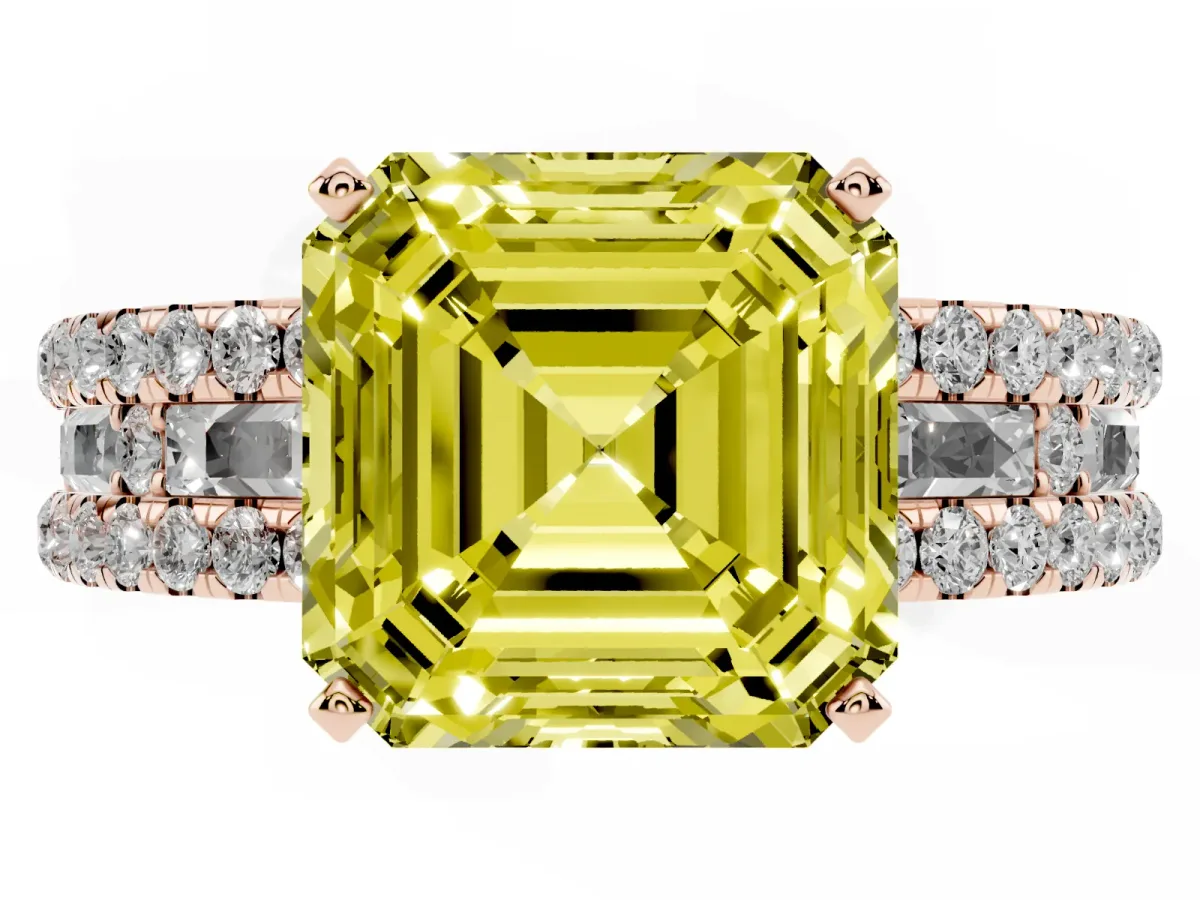 Fancy Yellow Asscher Cut Diamond Solitaire Ring with Pavé and Channel Set Band Rose gold