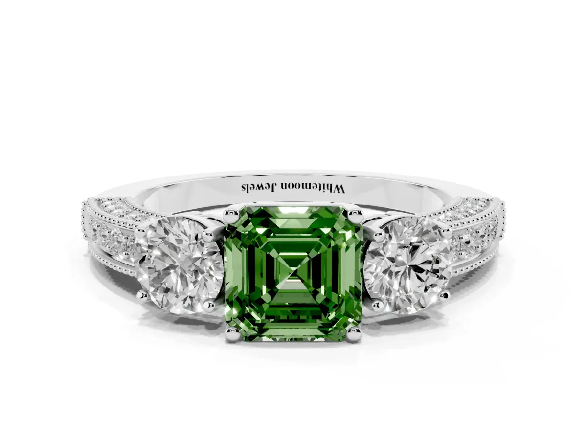 Fancy Green Asscher Cut Three-Stone Diamond Ring with Pavé Band and Four-Prong Setting Silver