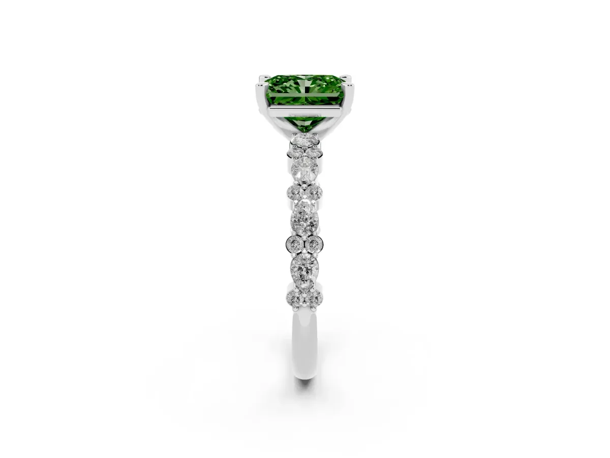 Fancy Green Radiant Cut Diamond Side Stone Solitaire Ring with Round and Four-Prong Setting Silver