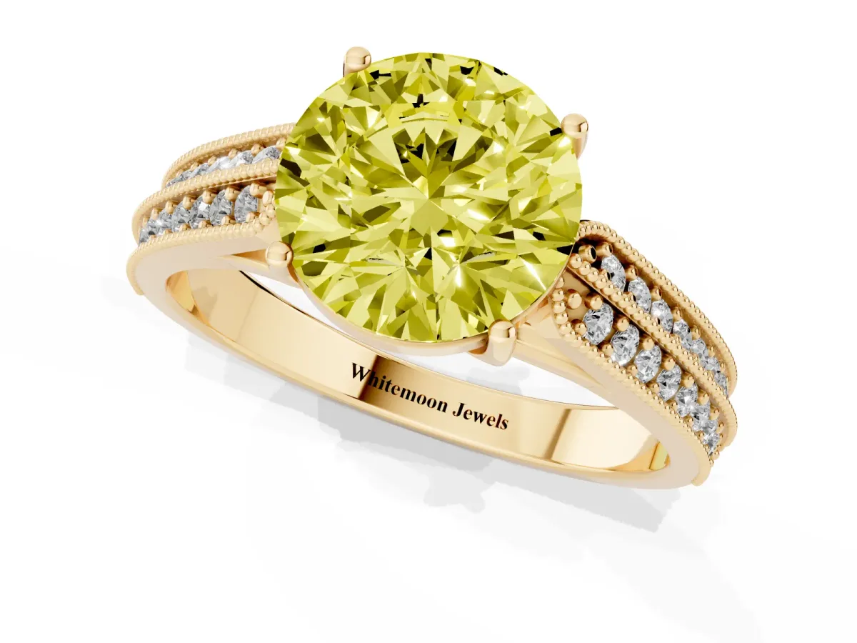 Fancy Yellow Round Cut Cut Pave Split Shank Engagement Ring with Four-Prong Setting Yellow gold