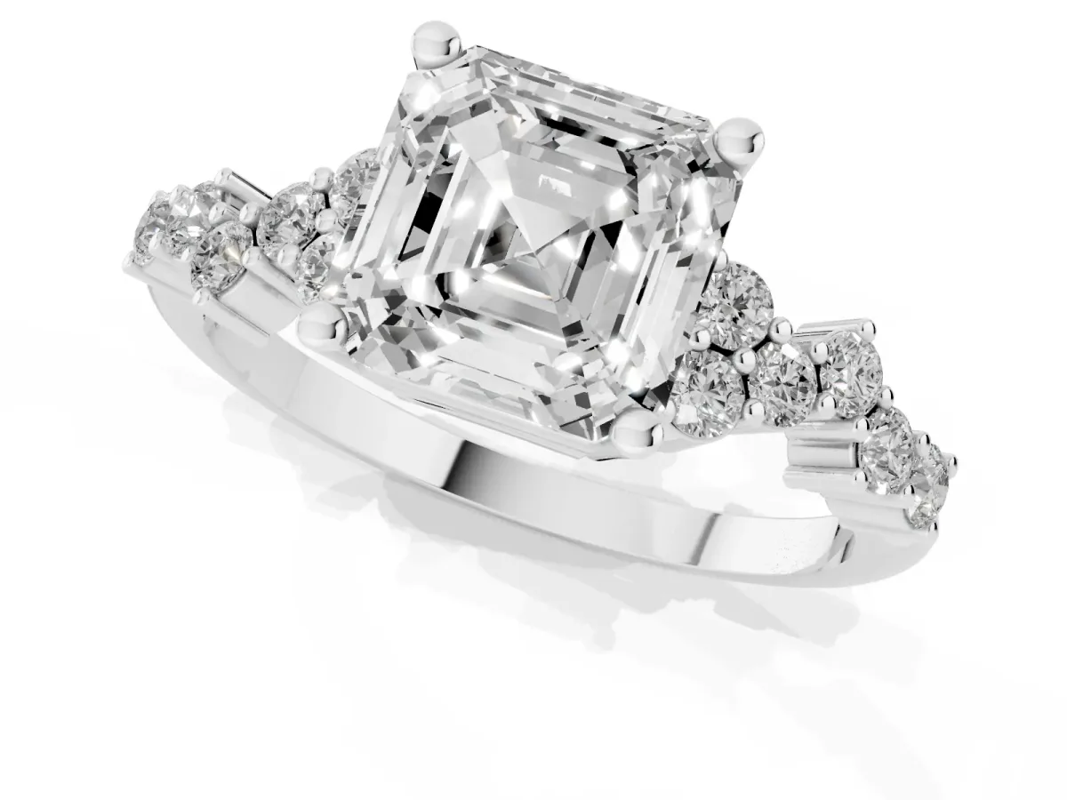 Asscher Cut Diamond Scattered Round Accent Ring with Prong Setting White gold