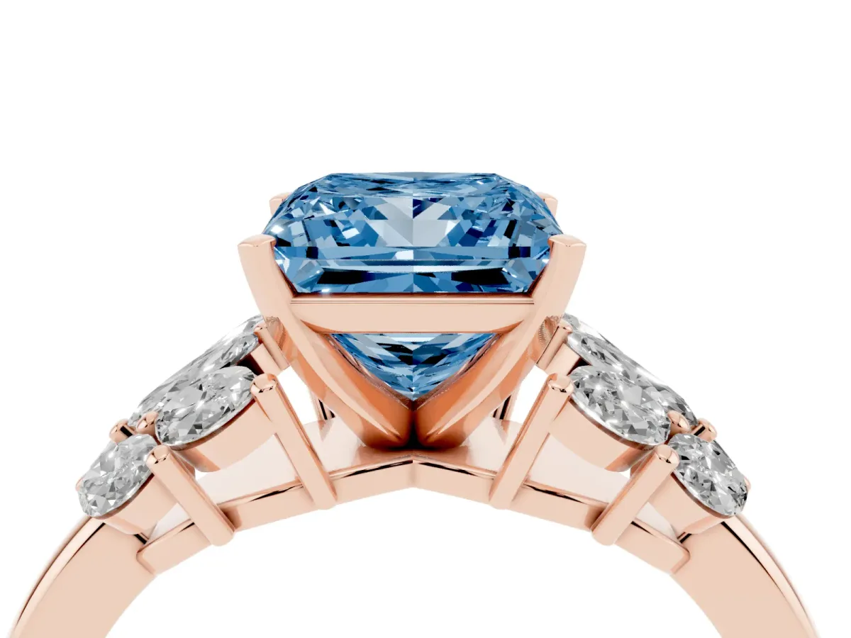Fancy Blue Princess Cut Diamond Cluster Leaf Design Ring with Prong Setting Rose gold