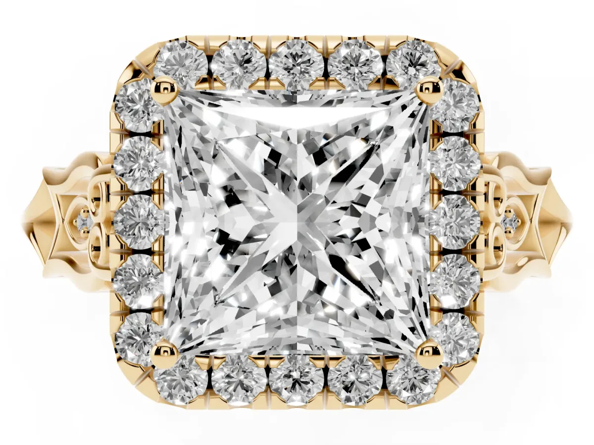 Princess Cut Halo Diamond Engagement Ring with Filigree Band and Four-Prong Setting Yellow gold