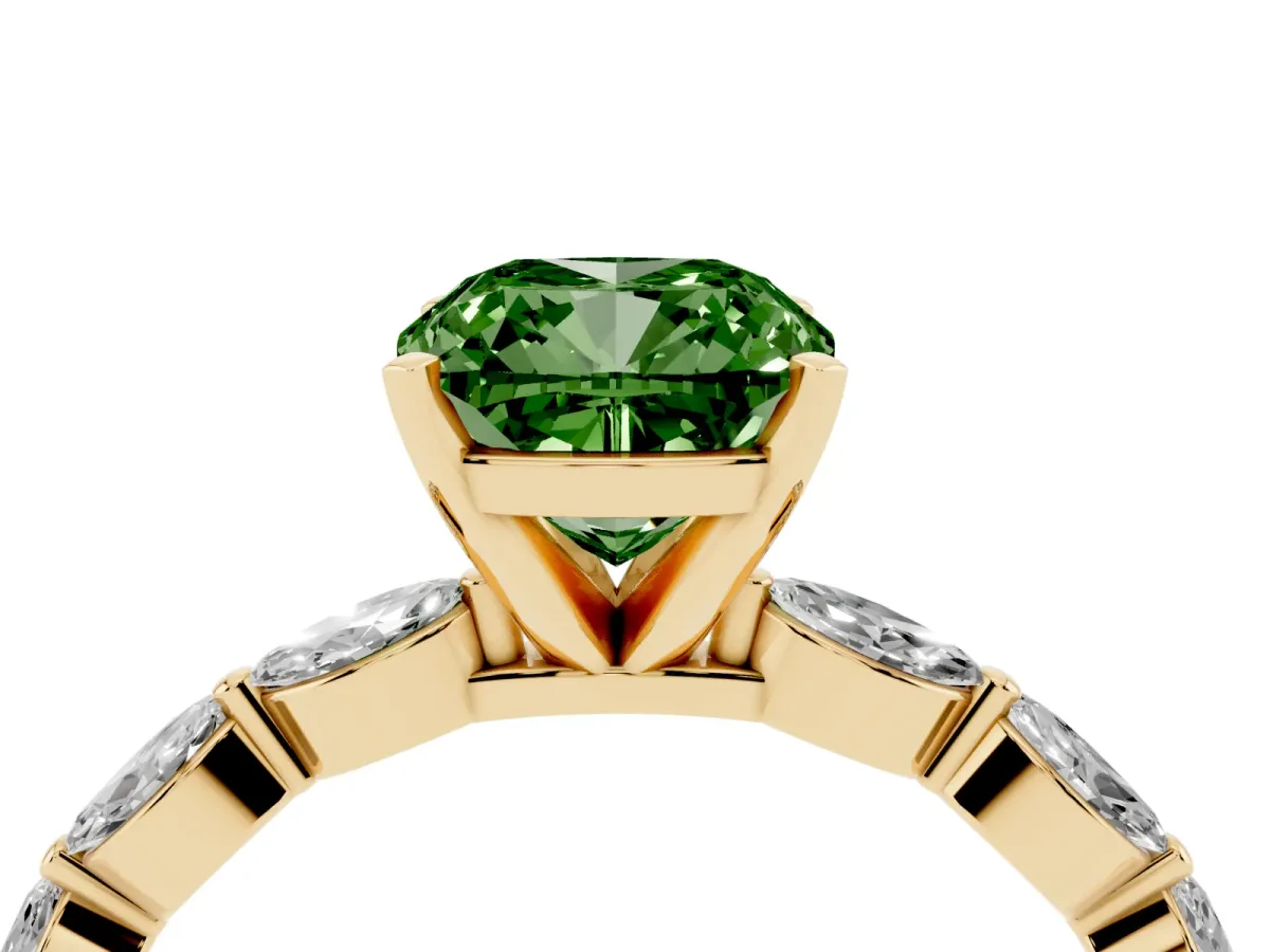 Fancy Green Cushion Cut Diamond Ring with Marquise Side Stones and Prong Setting Yellow gold