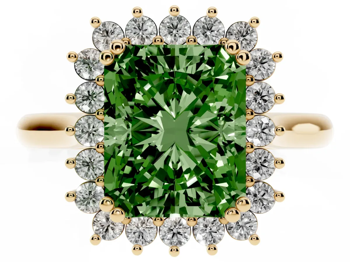 Fancy Green Radiant Cut Cut Diamond Halo Ring with Solitaire Band and Prong Setting Yellow gold