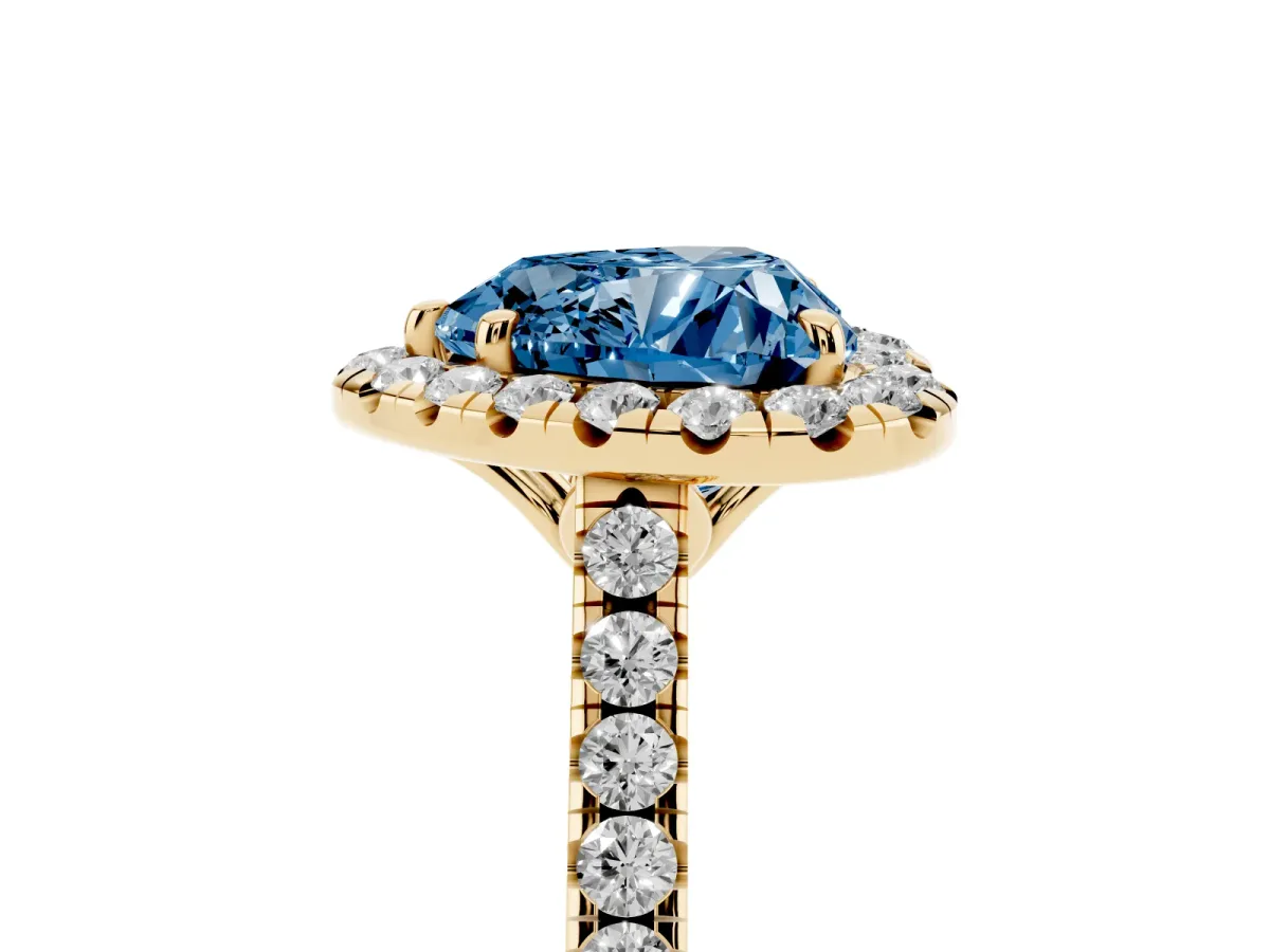 Fancy Blue Heart Cut Halo Pavé Diamond Engagement Ring with Four-Prong Setting Yellow gold