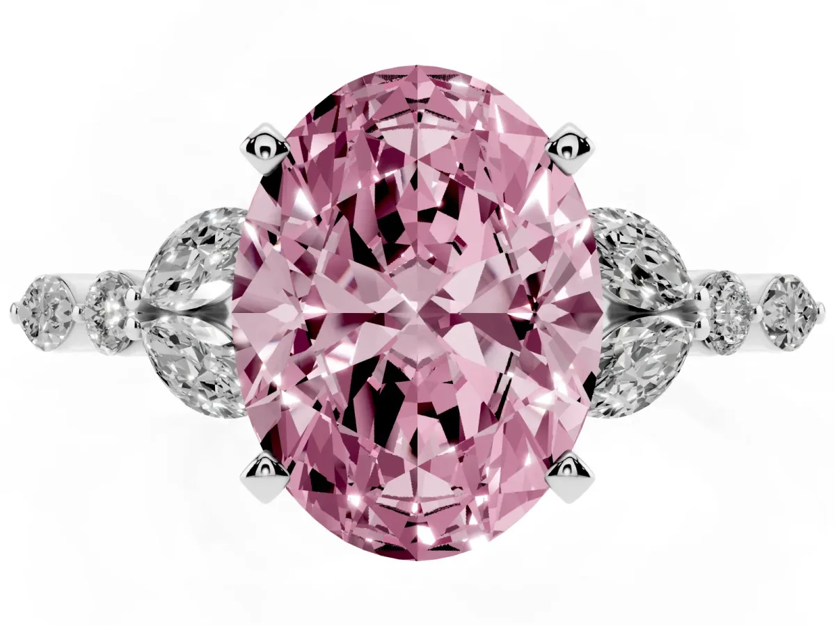 Fancy Pink Oval Cut Diamond Solitaire Ring with Side Stones and Four-Prong Setting Silver