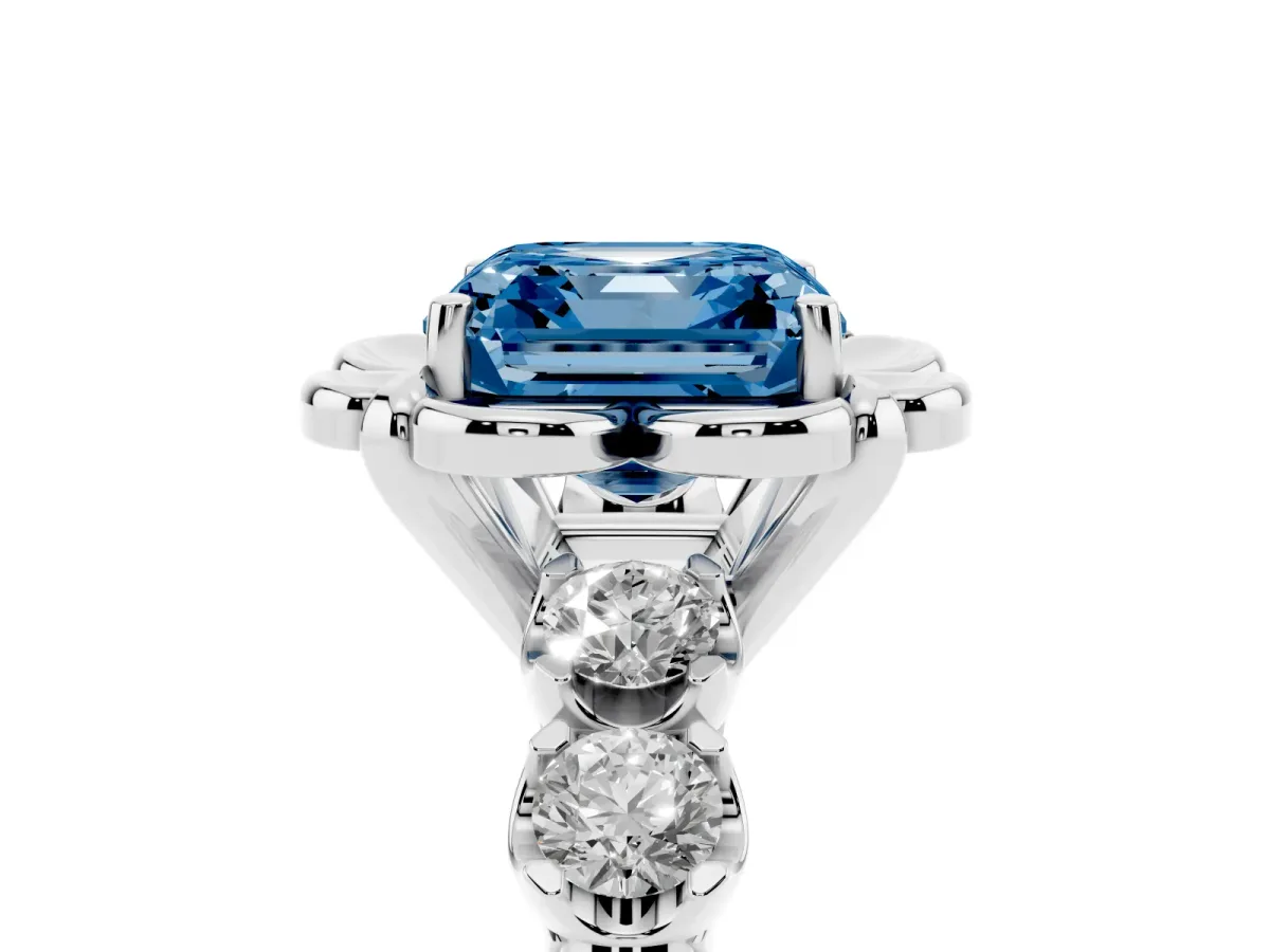 Fancy Blue Asscher Cut Cut Diamond Floral Halo Engagement Ring with Shared Prong Setting Silver