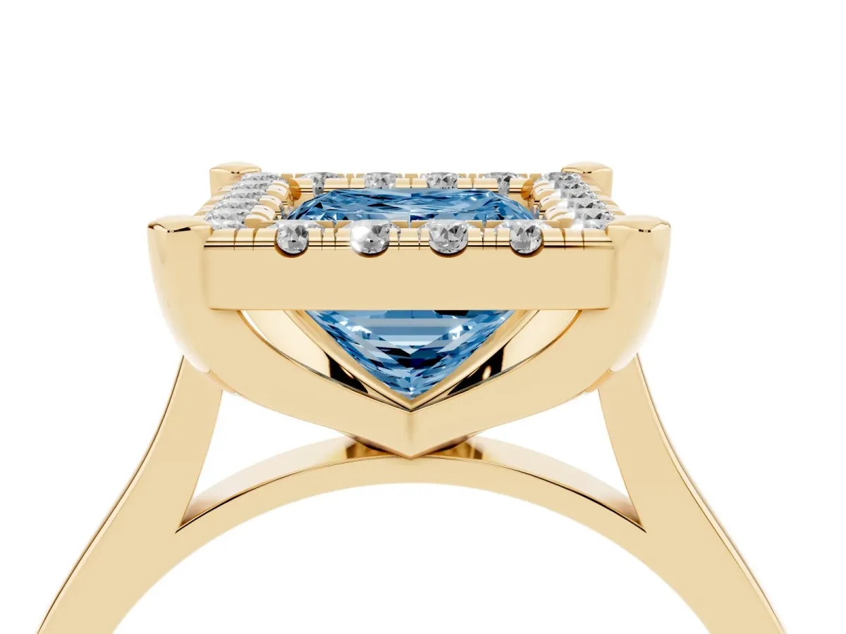 Fancy Blue Princess Cut Diamond Cluster Halo Solitaire with Four-Prong Setting Yellow gold