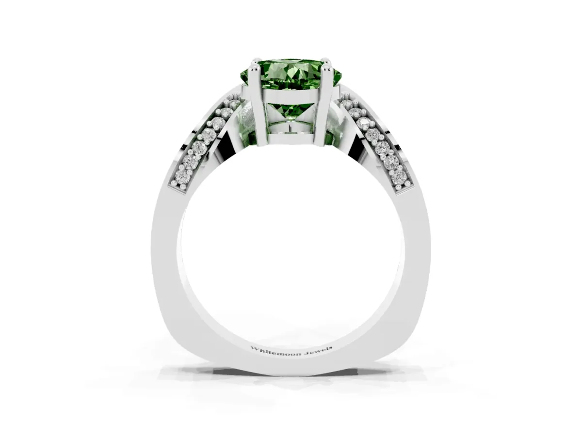 Fancy Green Cushion Cut Solitaire Diamond Engagement Ring with Pave Band and Four-Prong Setting White gold