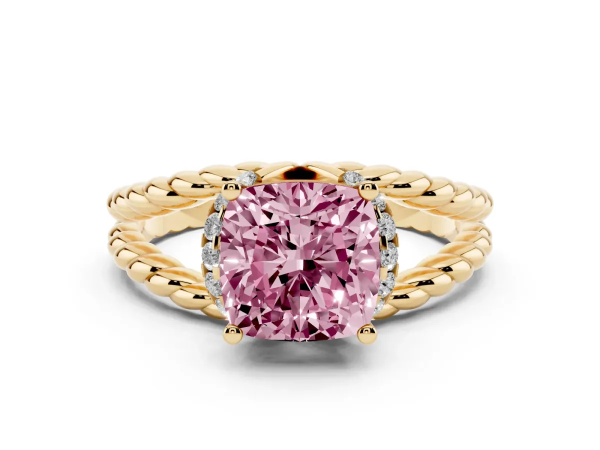 Fancy Pink Cushion Cut Halo Twisted Band Four-Prong Ring Yellow gold