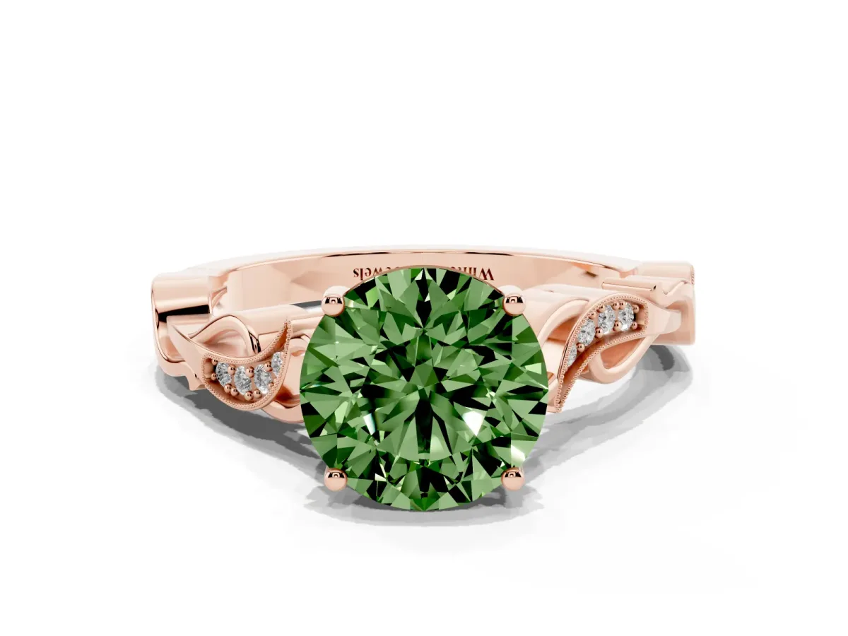 Fancy Green Round Cut Solitaire Vine Band with Milgrain Prong Setting Rose gold