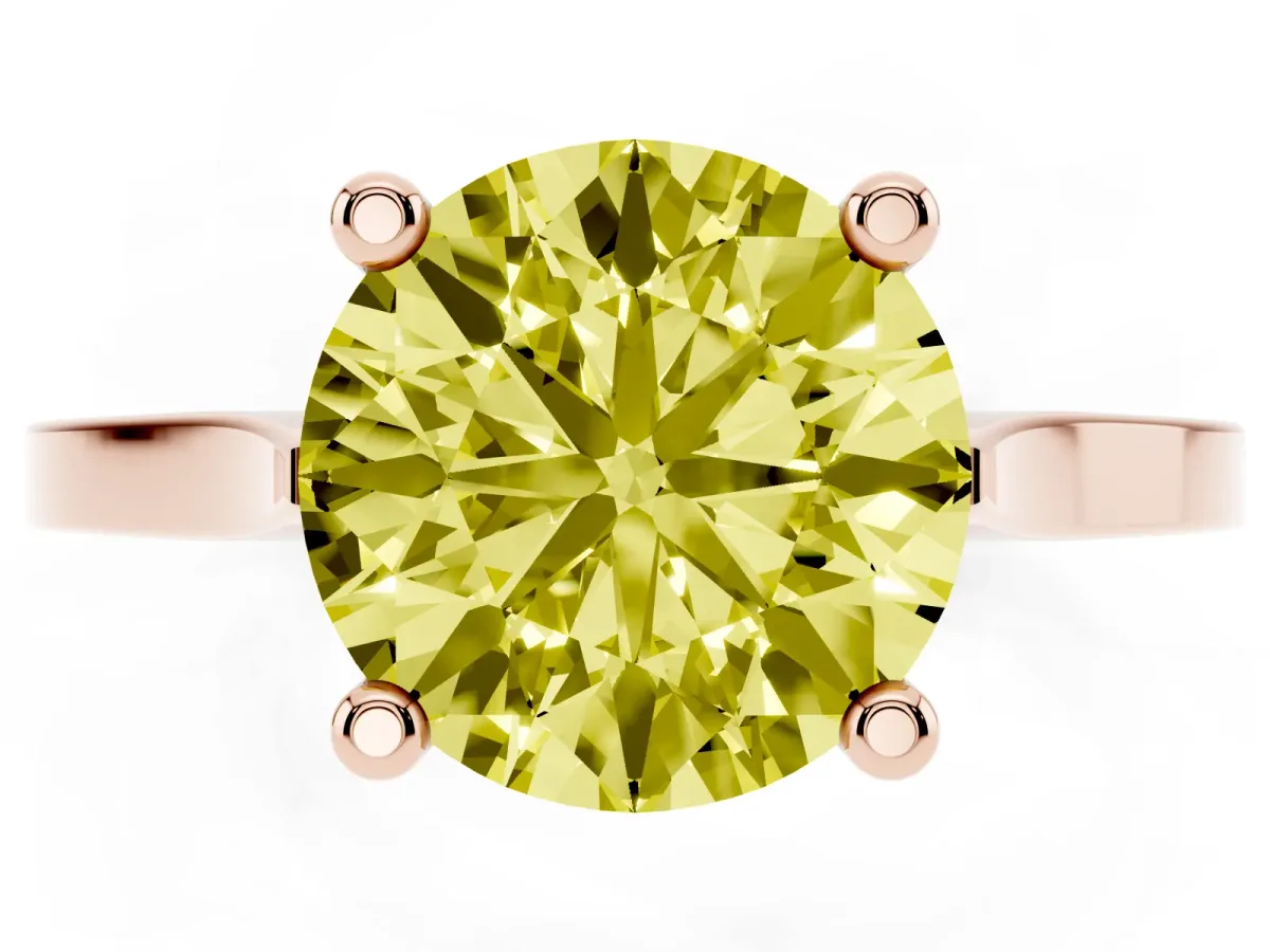 Fancy Yellow Round Cut Solitaire Diamond Ring with Four-Prong Setting and Tapered Band Rose gold