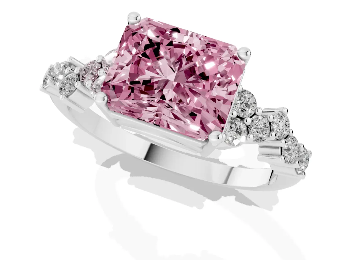 Fancy Pink Radiant Cut Diamond Scattered Round Accent Ring with Prong Setting White gold