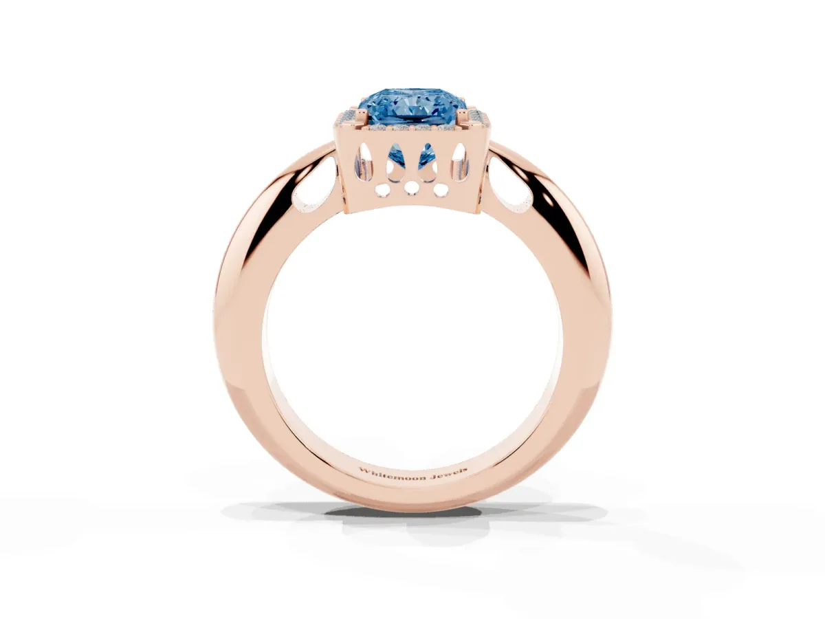 Fancy Blue Radiant Cut Cut Diamond Halo Engagement Ring with Split Shank and Four-Prong Setting Rose gold