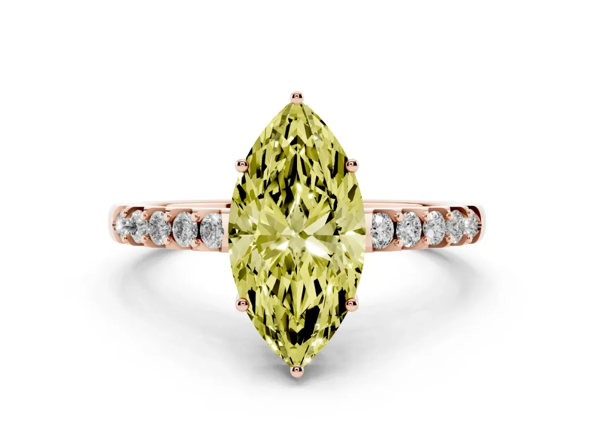 Fancy Yellow Marquise Cut Solitaire Diamond Engagement Ring with Pavé Band and Six-Prong Setting Rose gold