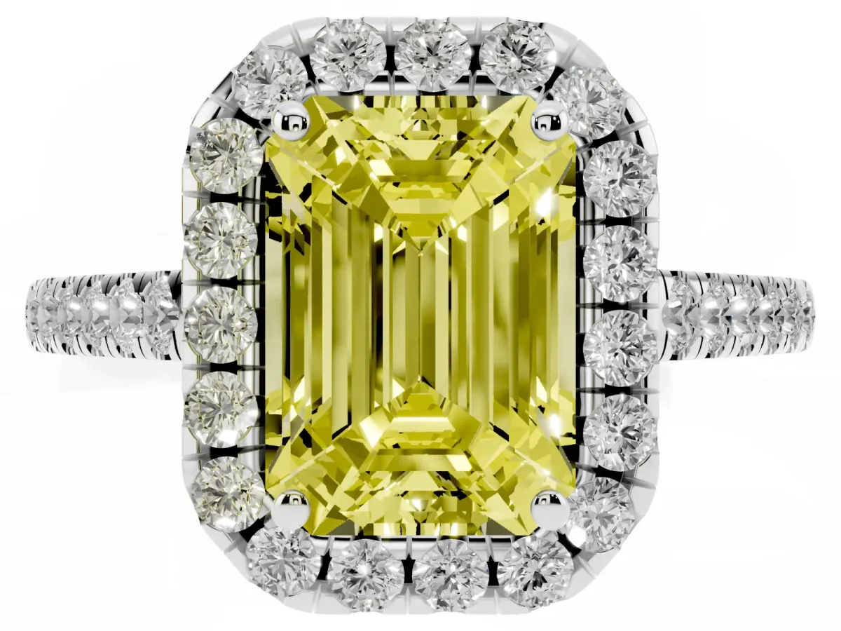 Fancy Yellow Emerald Cut Halo Pave Diamond Engagement Ring with Four-Prong Setting Silver