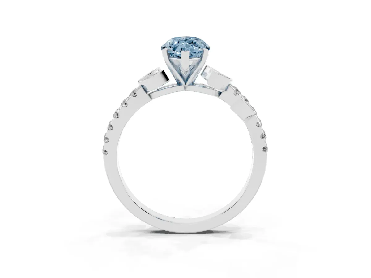 Fancy Blue Marquise Cut Solitaire Leaf-Inspired Diamond Ring with Pavé Band and Four-Prong Setting Silver