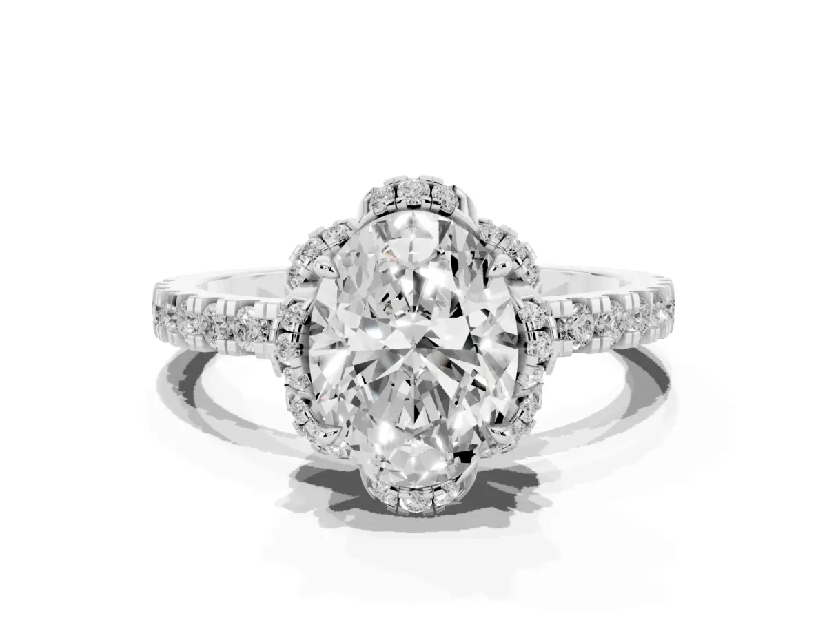 Oval Cut Diamond Halo Pave Band with Four-Prong Setting Silver