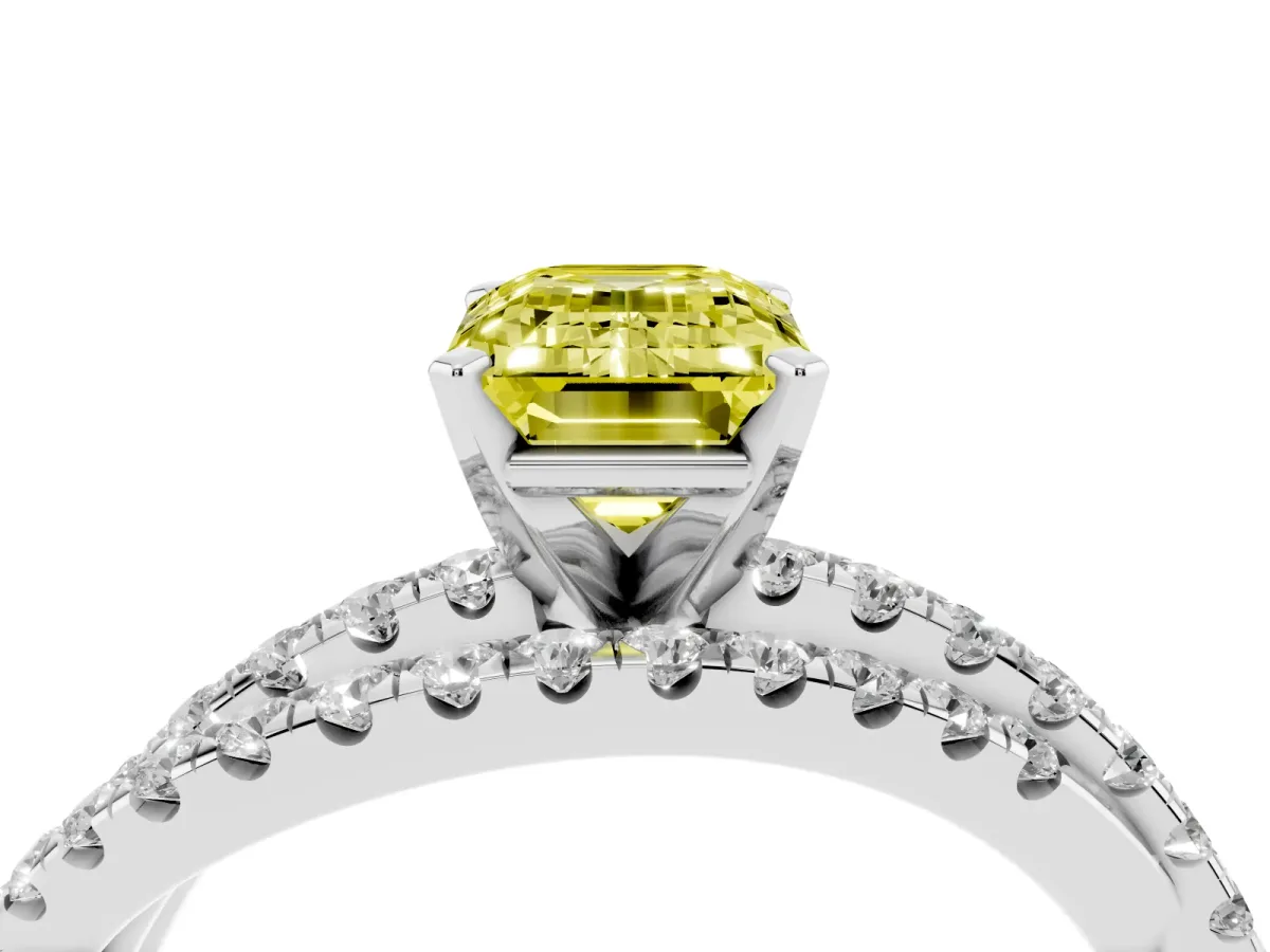 Fancy Yellow Emerald Cut Solitaire Twist Band with Pavé Setting and Four-Prong Setting Silver
