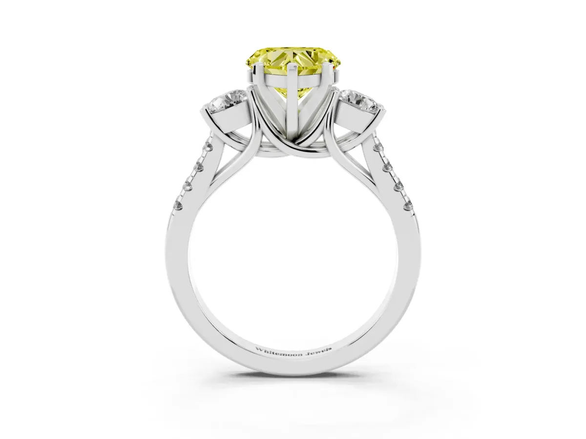 Fancy Yellow Three-Stone Heart Cut Diamond Pavé Band with Four-Prong Setting Silver