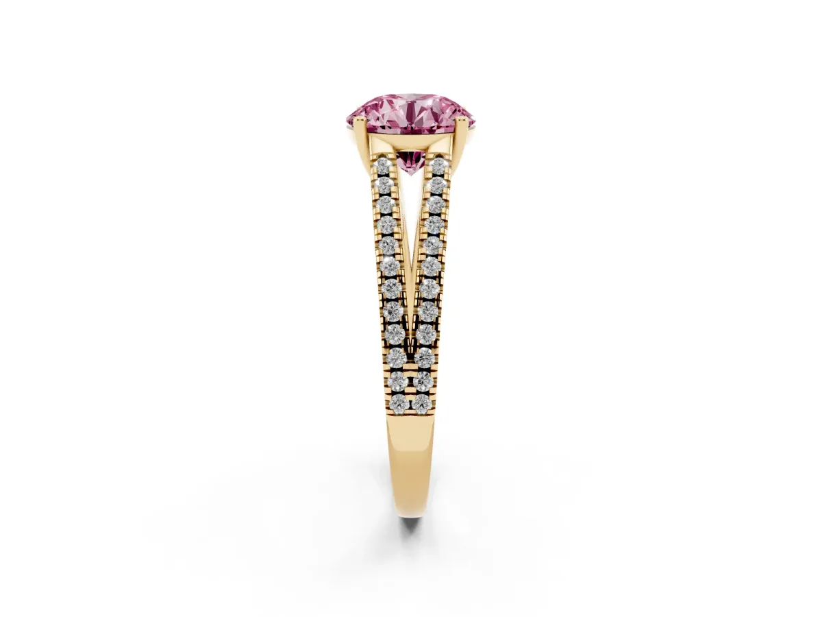 Fancy Pink Round Cut Diamond Solitaire Engagement Ring with Split Shank Pavé Band Yellow gold