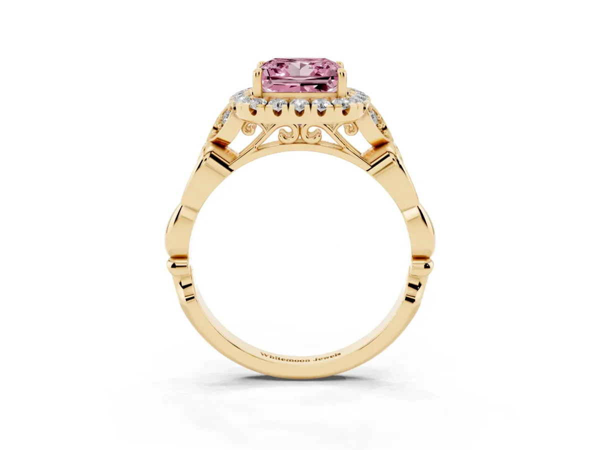 Fancy Pink Princess Cut Halo Diamond Engagement Ring with Vintage-Inspired Band and Four-Prong Setting Yellow gold